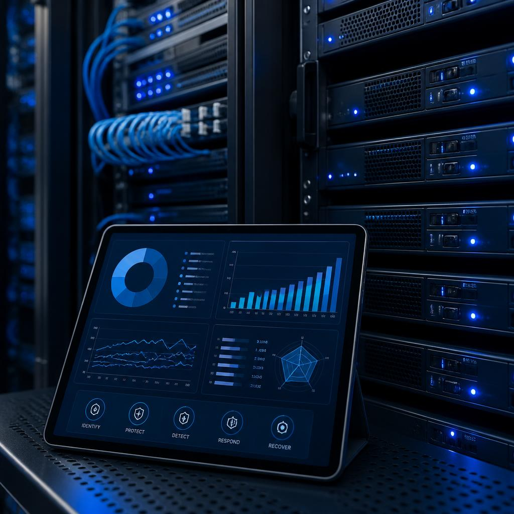 Rack de servidores com tablet exibindo dashboard de controles de segurança
